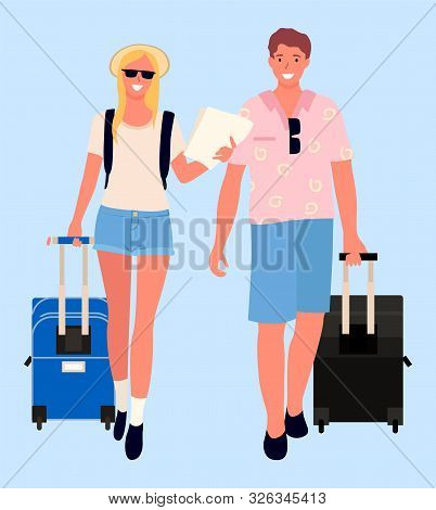 Man And Woman Smiling Characters, Isolated Couple With Baggage. Luggage Of Travelers, Traveling Pers