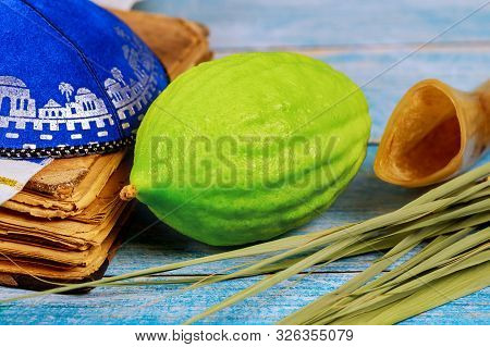 Jewish Ritual Festival Of Sukkot In The Jewish Religious Symbol Etrog, Lulav, Hadas Arava Kippah And
