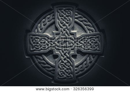 Wonderful Embossed Celtic Stone Cross, Full Of Details And Textures In Its Elaborate Carvings.