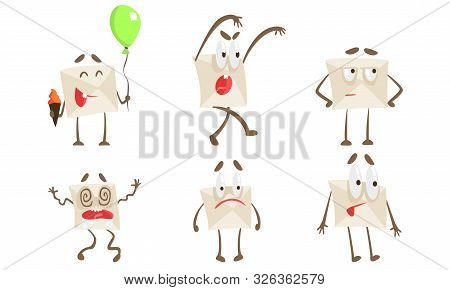 Funny Paper Envelope Cartoon Character Set, Humanized Mail Letter With Various Emotions Vector Illus