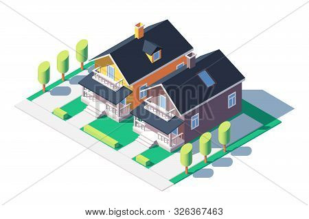 Comfortable Private Houses Illustration. Modern Structures With Mowed Lawns With Beautiful Garden Tr
