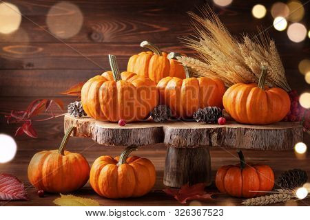 Autumn Thanksgiving Still Life. Pumpkins And Leaves On Wooden Background.