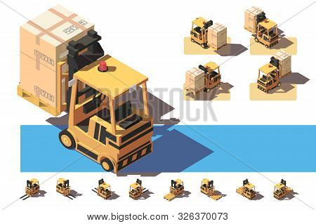 Isometric 3d Forklift With Transportation Of A Box With Things. Concept Collection Heavy Service Veh