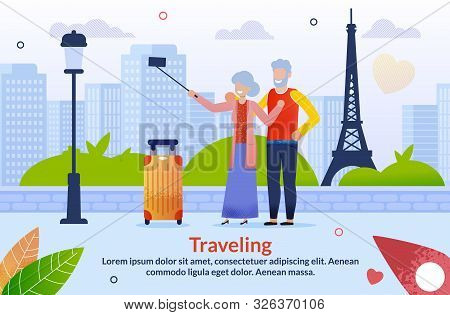 Journey To Europe For Aged Senior Couples Flat Poster. Cartoon Mature Married Man And Woman Characte