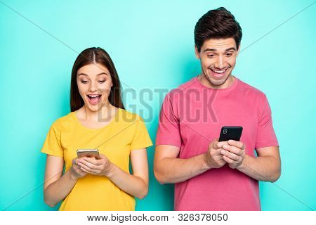 Portrait Of His He Her She Nice Attractive Charming Lovely Glad Addicted Cheerful Cheery Couple Usin