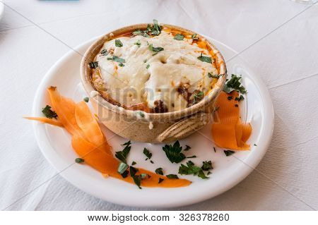 Veal Ramequin Au Gratin With Feta Cheese With Greek Pasta