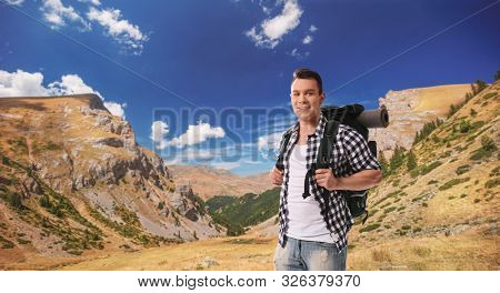 Man with bacpack hiking on Sar mountains, Macedonia