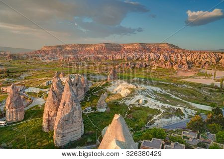 Sunset Panoramic View To Goreme City And Pigeon Valley Cappadocia, Turkey