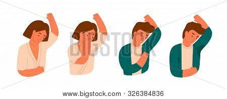Wet Armpits Flat Vector Illustration. Smelly And Sweaty Stains On Male And Female Clothes Isolated O