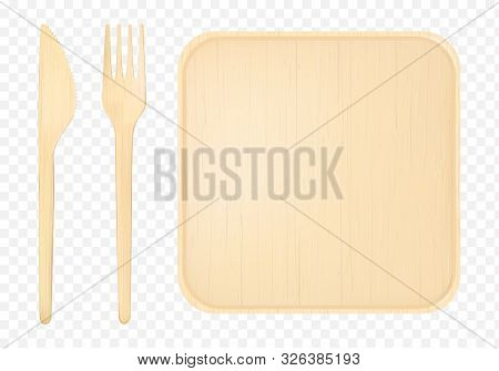 Wooden Plate With Fork And Knife Top View, Disposable Tablewear Isolated On Background, Single Use T
