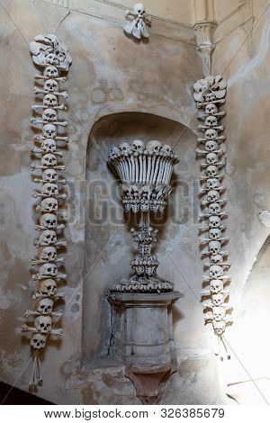 Kutna Hora, Czech Republic, September 15.2019, Human Skulls And Bones In Kostnice Sedlec Ossuary, Ch