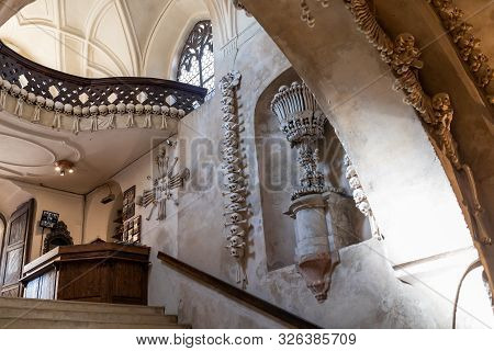 Kutna Hora, Czech Republic, September 15.2019, Human Skulls And Bones In Kostnice Sedlec Ossuary, Ch