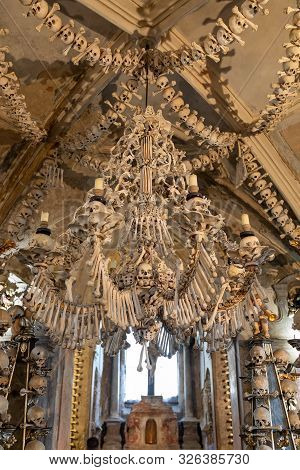 Kutna Hora, Czech Republic, September 15.2019, Human Skulls And Bones In Kostnice Sedlec Ossuary, Ch