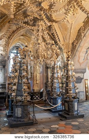 Kutna Hora, Czech Republic, September 15.2019, Human Skulls And Bones In Kostnice Sedlec Ossuary, Ch