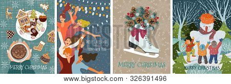 Set Of Vector Christmas Cards With Gingerbread Cookies, Children Making A Snowman, Dancing People An