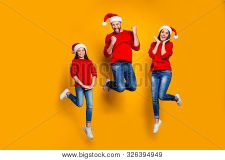 Full Length Body Size Photo Of Cheeerful Funky Funny Excited Jump Positive Charming Family With Peop