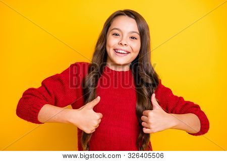 Portrait Of Positive Cheerful Kid Future Promoter Have Fun Show Thumb Up Advis Eads Choose Choice De