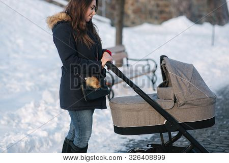 Young Mother Walking With Her Baby In Pram. Beautiful Stoller. Winter Photosession