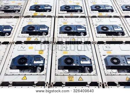 Reefer Container Shipping Equipment Are Stacking On Yard For Logistics, Shipping, Transport, Import 