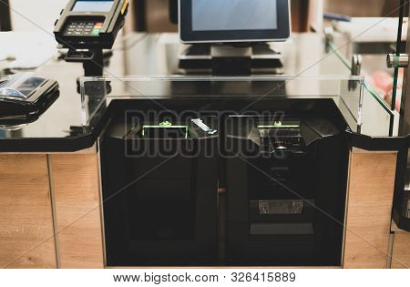 Self-checkout Counter In A Supermarket. Modern Technology In Trade. Electronic Cashier