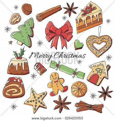 Christmas Winter Desserts, Food And Decoration Isolated On White Background.