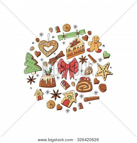 Circle Made Of Different Christmas Winter Desserts, Sweets And Food.