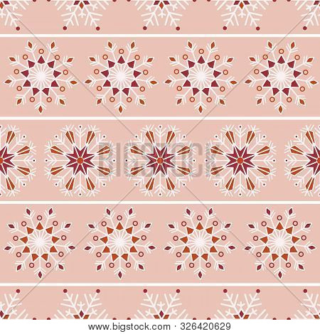Bohemian Christmas Lace Snowflakes With Horizontal Stripes Vector Seamless Pattern On Bright Orange 