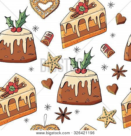 Seamless Pattern With Christmas Pastry. Endless Texture For Festive Design, Restaurant And Cafe Menu