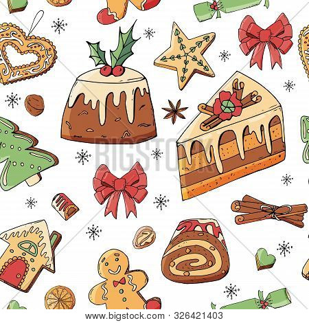Seamless Pattern With Christmas Pastry. Endless Texture For Festive Design, Restaurant And Cafe Menu