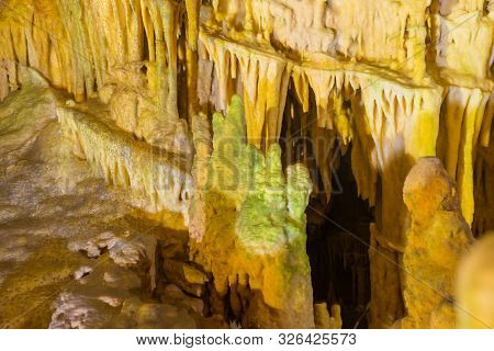Impressive Formations Of The Stalactites And Stalagmites In Dirou Cave. Greek Destination .natural B