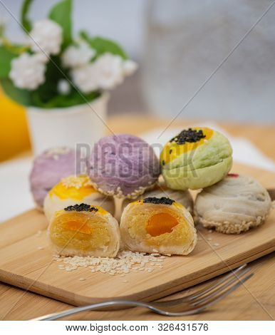 Thai Dessert `mochi ` In Thai Culture And Tea Water Or Fruit Juice