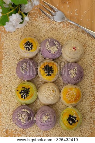 Thai Dessert `mochi ` In Thai Culture And Tea Water Or Fruit Juice