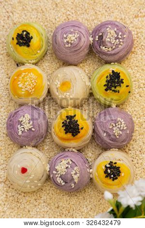 Thai Dessert `mochi ` In Thai Culture And Tea Water Or Fruit Juice