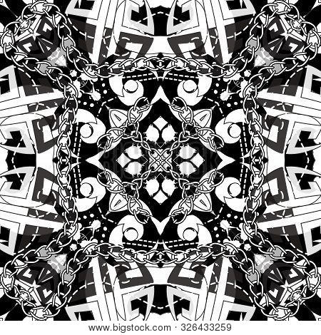 Black And White Abstract Intricate Seamless Pattern. Monochrome Modern Background With Chains, Dotte