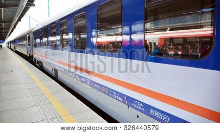 Poznan,poland. 3 October 2019. Pkp Intercity Polish Train Sleeping Car At Station Platform Awaiting 