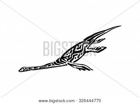Ancient Extinct Jurassic Plesiosaurus Dinosaur Vector Illustration Ink Painted, Hand Drawn Grunge Pr