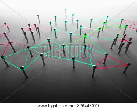 Linking entities. Networking, social media, SNS, internet communication abstract. Green and red connections. Shallow DOF.