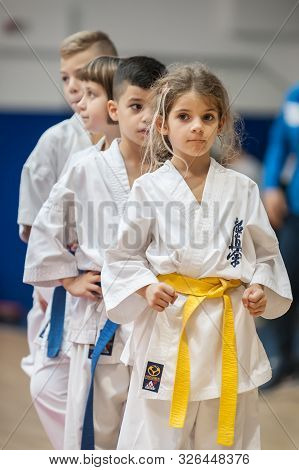 Cute Little Girl In Kimono On Martial Arts Sport Demonstration