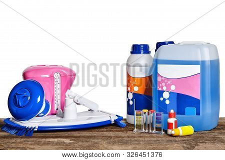 Equipment With Chemical Cleaning Products And Tools For The Maintenance Of The Swimming Pool On A Wo