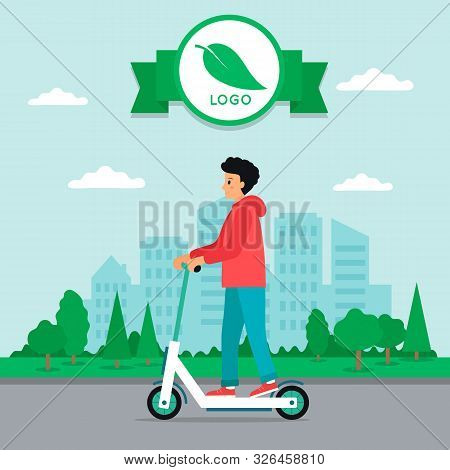 Urban Vehicles. The Young Man In Casual Clothes, Riding Electrical Scooter. With Modern City Backgro