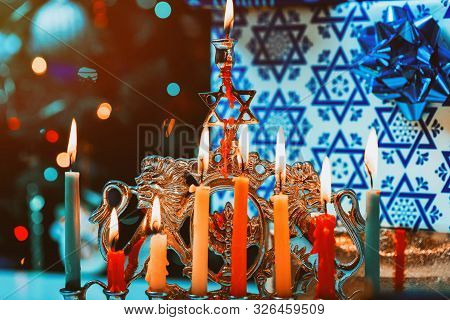 Jewish Holiday, Holiday Symbol Hanukkah Brightly Glowing Hanukkah Menorah Soft Focus