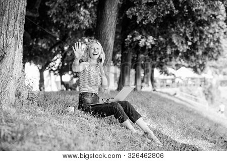 Girl Laptop Outdoors. Efficient And Productivity. Employee Work Outdoors. Being Outdoors Exposes Wor