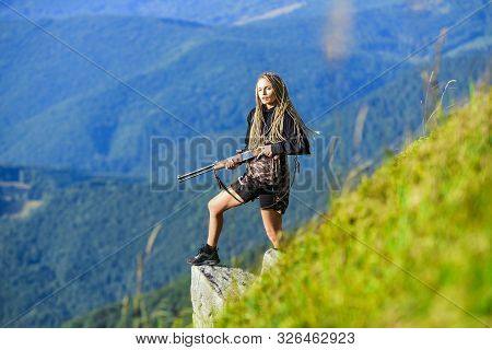 Hunting Season. Gender Equality. Head Hunter Camouflage. Weapon Permit. Woman Assassin With Gun. War
