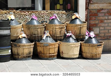 Many Demijohns For Storing Wine In The Village After The Harvest