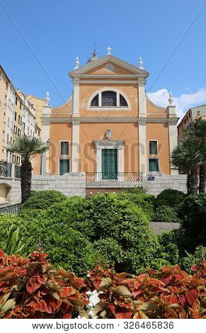 Public Park And The Ajaccio Cathedral Called Our Lady Of The Assumption In The Corsica Island France