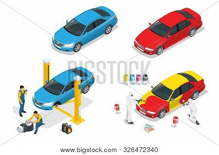 Isometric Car Repair Maintenance Autoservice Center Garage And Car Service Concept. Technicians Repl