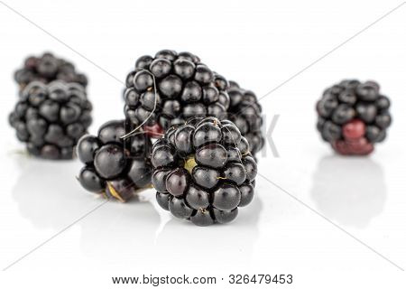 Group Of Six Whole Fresh Black Blackberry Isolated On White Background