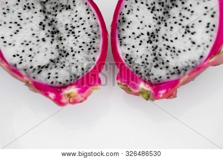 Dragon Fruit. Vibrant Dragon Fruit On White Background. Sliced White Dragon Fruit Or Pitaya On White
