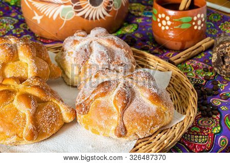 Traditional Mexican Bread Of The Dead (pan De Muerto) With Coffe