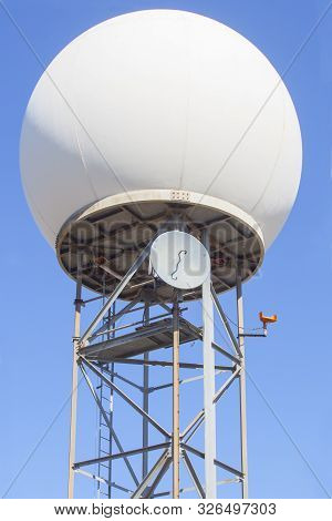 Meteorological Radar Station On The Top Of Sierra De Fuentes, Spain. Dome And Tower Over Blue Sky Ba